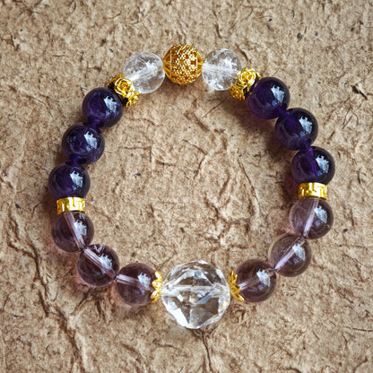 This is a amethyst bracelet consists of Brazilian & Uruguayan amethyst, as well as clear quartz.