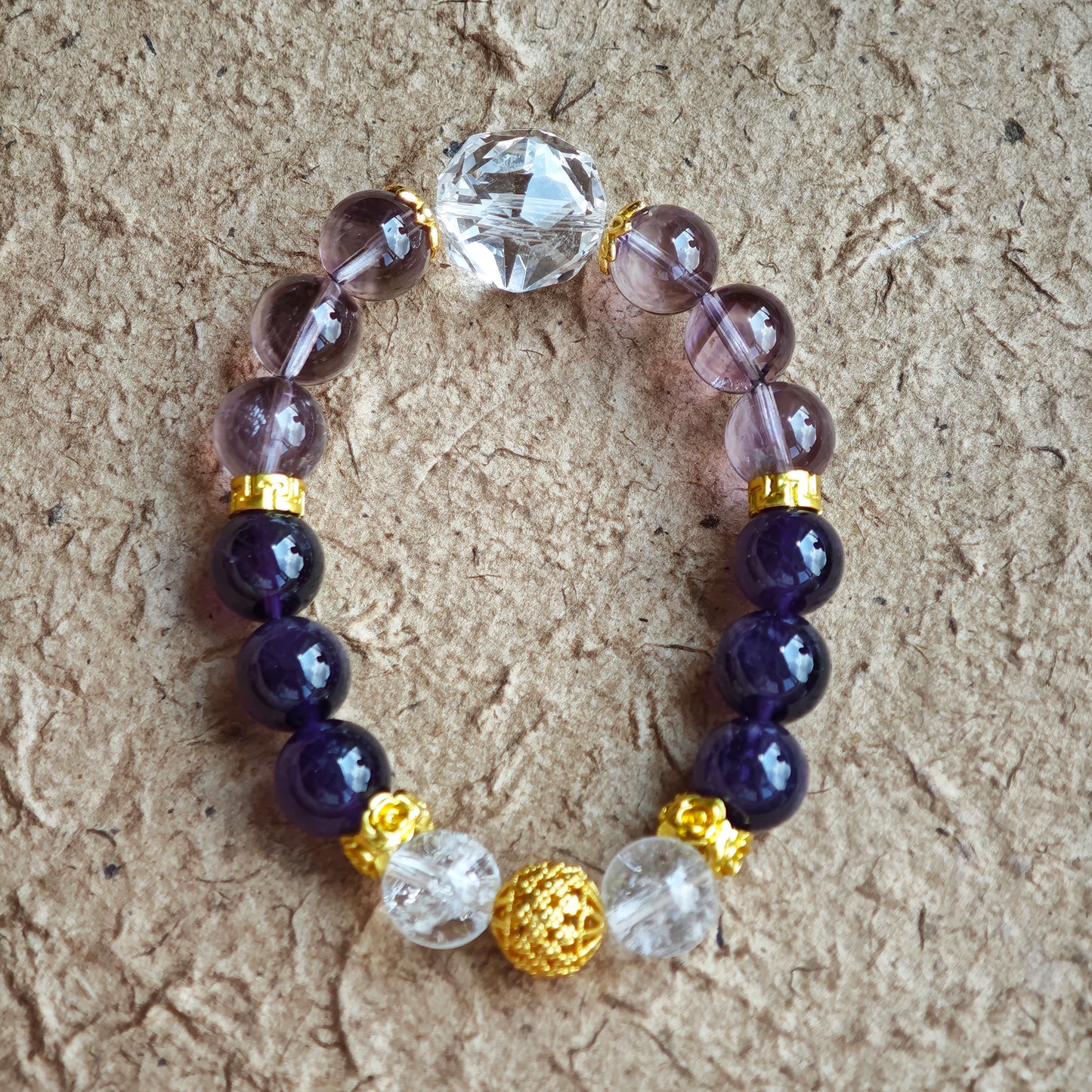 This is a amethyst bracelet consists of Brazilian & Uruguayan amethyst, as well as clear quartz.