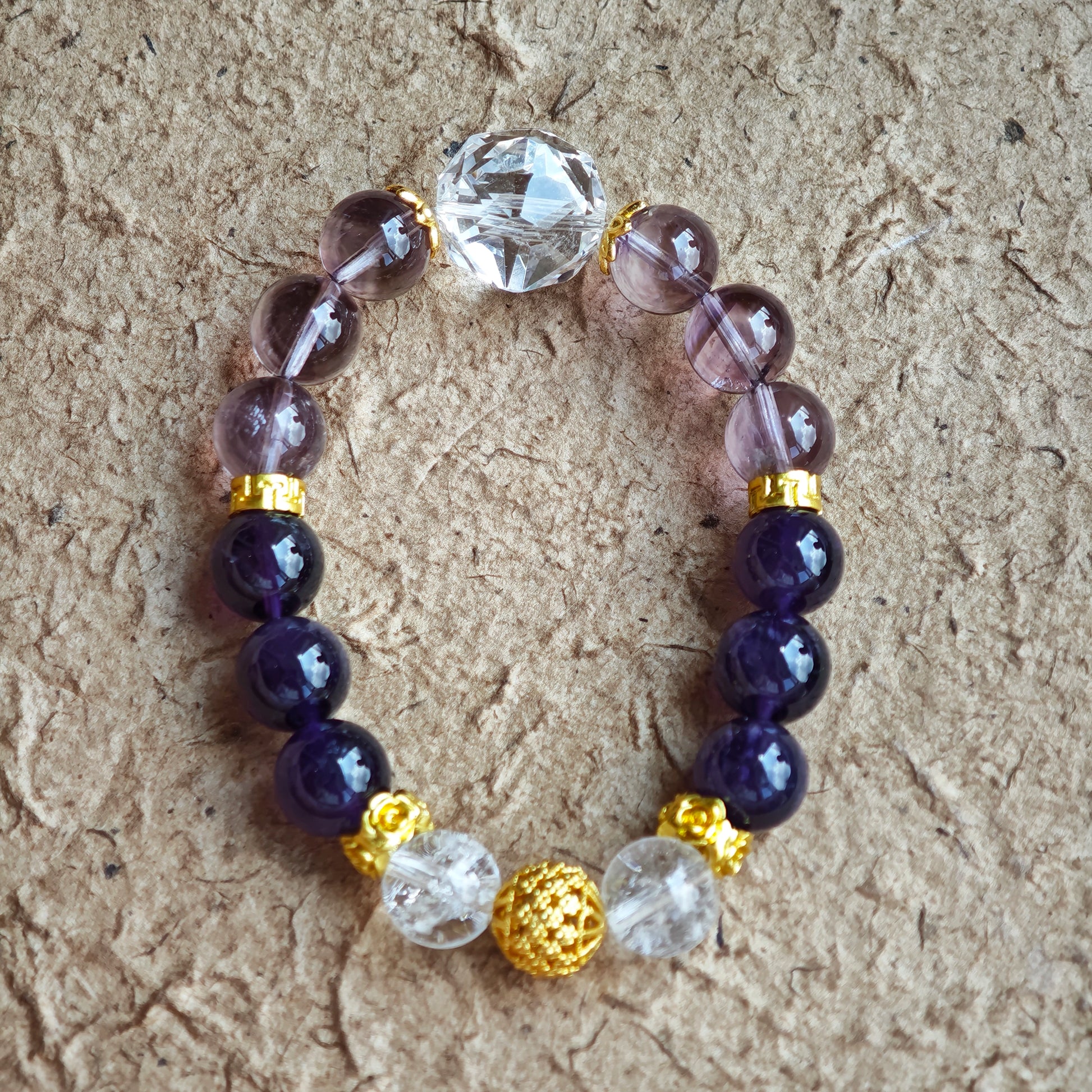 This is a amethyst bracelet consists of Brazilian & Uruguayan amethyst, as well as clear quartz.