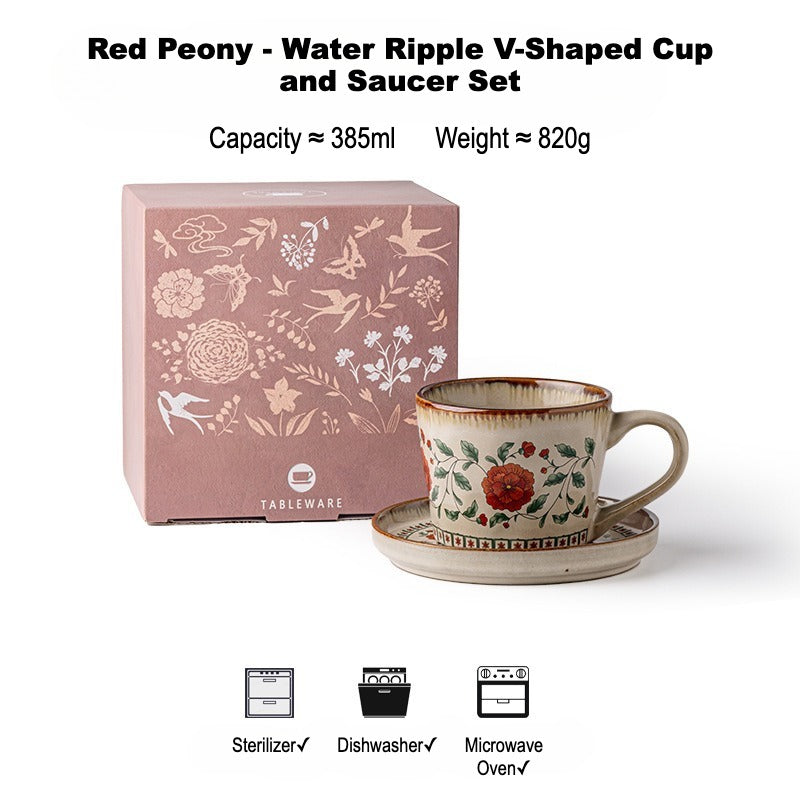 This is a vintage ceramic coffee cup and saucer set with retro floral patterns. The cup capacity is 385ml, and it comes with a saucer. This mid-century inspired ceramic coffee mug set features high-temperature decal floral patterns, kiln-change glaze effects, and elegant gold detailing.