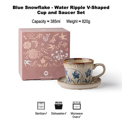 This is a vintage ceramic coffee cup and saucer set with retro floral patterns. The cup capacity is 385ml, and it comes with a saucer. This mid-century inspired ceramic coffee mug set features high-temperature decal floral patterns, kiln-change glaze effects, and elegant gold detailing.